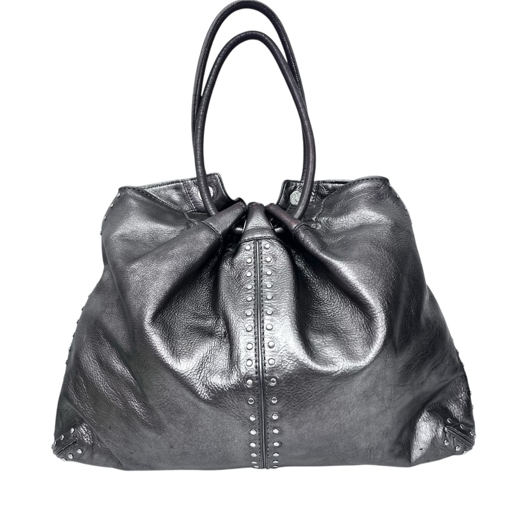 Michael Kors Astor Ring Pewter Metallic Studded Leather Hobo Bag